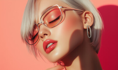 Glamorous Portrait of a Stylish Young Woman with Silver Hair, Bright Makeup, and Transparent Glasses"