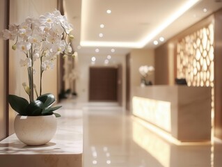 blurry yet luxurious interior of a modern hotel reception or clinic corridor, capturing an ambiance of sophistication and elegance in soft focus