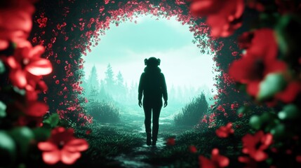 Fototapeta premium A person walking through a virtual forest, surrounded by realistic flora and fauna, emphasizing the immersive potential of virtual reality.
