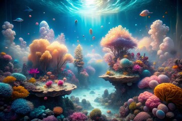 Ethereal, dreamlike scene where coral formations evoke a shimmering, iridescent mist, and sea creatures drift by like ghosts.