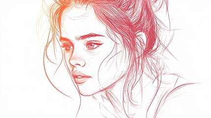 Fototapeta premium Hand-Drawn Portrait Illustration of Thoughtful Woman with Soft Shading