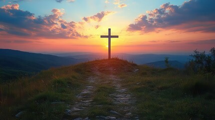 silhouetted cross standing tall on a hill during holy week bathed in soft twilight hues evoking a sense of peace and reflection as the sun sets behind the horizon