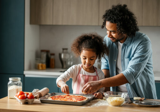 Father and daughter are making a pizza together in their modern kitchen