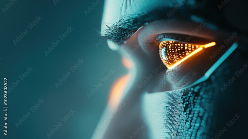 Poster a robot with glowing eyes, analyzing data streams on a screen, showcasing the power of artificial in