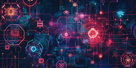Colorful backdrop with abstract cyber defense symbols.