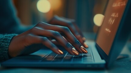 Close-up of Hands Typing on a Laptop with Gold Nail Polish