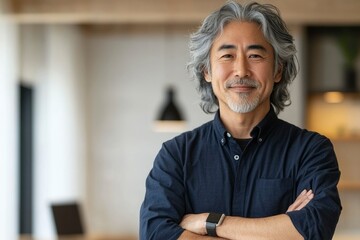 Portrait of a smiling middle-aged man with grey hair and beard, arms crossed