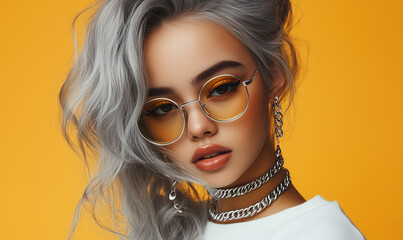 Stunning Woman with Silver Hair and Fashion Accessories Against a Yellow Background
