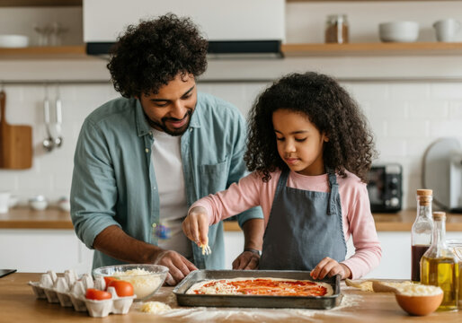 Father and daughter are enjoying their time together making a pizza in their kitchen - Powered by Adobe