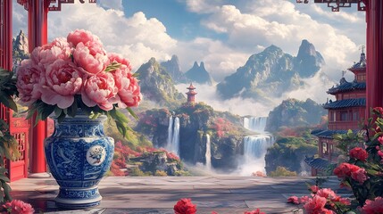 A vase of coral pink peonies stands on the table, surrounded by mountains and rivers in the style of ancient Chinese landscape painting