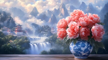 A vase of coral pink peonies stands on the table, surrounded by mountains and rivers in the style of ancient Chinese landscape painting