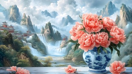 A vase of coral pink peonies stands on the table, surrounded by mountains and rivers in the style of ancient Chinese landscape painting