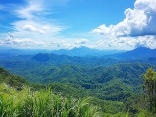 breathtaking view of a mountain range under brilliant blue skies, celebrating the majesty of nature with lush greenery and dramatic peaks, invoking a sense of wonder and tranquility