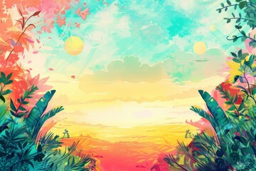A vivid illustration of a tropical sunrise with lush foliage, colorful sky, and a dreamlike atmosphere, perfect for nature and fantasy themes.