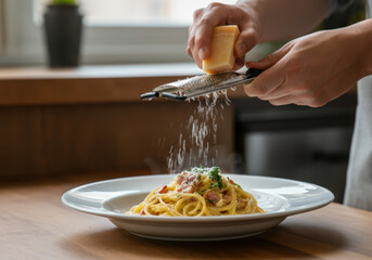 Chef grating cheese over a plate of pasta carbonara, creating a final touch to this classic italian dish