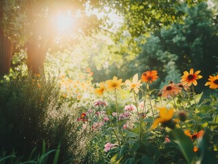 bright summer scene filled with colorful flowers and lush greenery, sunlight filtering through leaves, evoking a feeling of warmth and carefree days in a serene natural setting