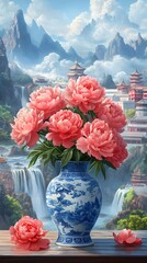 A vase of coral pink peonies stands on the table, surrounded by mountains and rivers in the style of ancient Chinese landscape painting