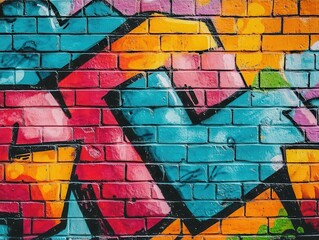 bright, bold graffiti artwork displayed on a brick wall, showcasing a blend of colors and urban artistry, creating a striking visual statement