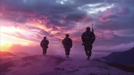 Soldiers walking away in a dramatic landscape during a colorful sunset, conveying a sense of resolve and reflection.