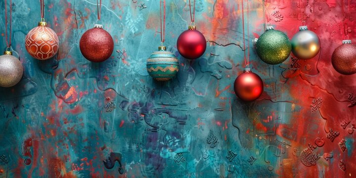 A colorful Christmas scene with many different colored ornaments hanging from the ceiling