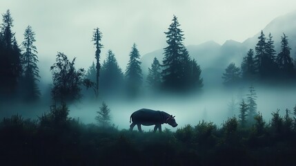 A pygmy hippopotamus walking through a misty rainforest, with tall trees and fog creating a mystical atmosphere, ethereal wildlife, forest scene