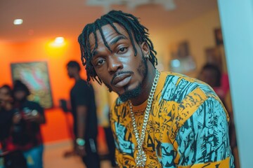Obraz premium Close-up Portrait of a Young Man with Dreads, Yellow Graphic Sweater, and a Gold Chain