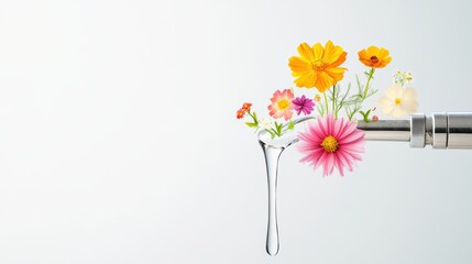 A dripping faucet creating a series of droplets in a clear glass, with each droplet reflecting a different, vibrant, hand drawn illustration of a flower, creating a dynamic and colorful effect.