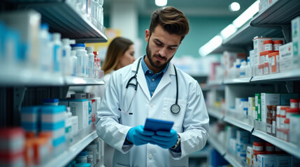 Pharmacist checking medicines in pharmacy.