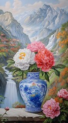 A vase of coral pink peonies stands on the table, surrounded by mountains and rivers in the style of ancient Chinese landscape painting