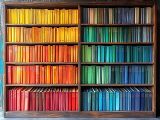 vibrant bookshelf filled with colorful rainbow folders, showcasing a neatly organized open bookcase against a modern interior backdrop, perfect for inspiring creativity