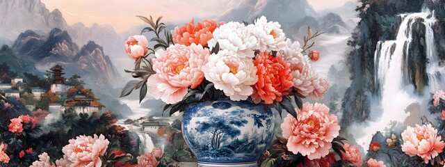 A vase of coral pink peonies stands on the table, surrounded by mountains and rivers in the style of ancient Chinese landscape painting