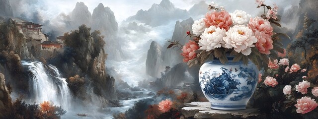 A vase of coral pink peonies stands on the table, surrounded by mountains and rivers in the style of ancient Chinese landscape painting