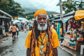 Fototapeta premium Elderly Man with Dreadlocks in a Yellow Turban Standing in a Market
