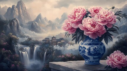 A vase of coral pink peonies stands on the table, surrounded by mountains and rivers in the style of ancient Chinese landscape painting