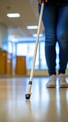 A person with a white cane is carefully walking through a well-lit area