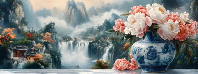 A vase of coral pink peonies stands on the table, surrounded by mountains and rivers in the style of ancient Chinese landscape painting