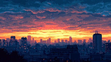Obraz premium Vibrant Pixel Art Cityscape at Sunset With Dramatic Sky