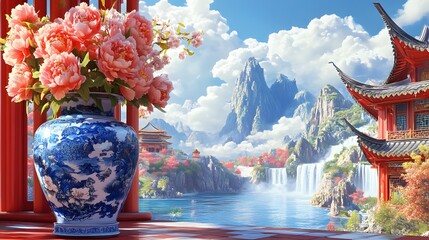 A vase of coral pink peonies stands on the table, surrounded by mountains and rivers in the style of ancient Chinese landscape painting