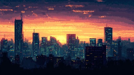 Fototapeta premium Vibrant Pixel Art Cityscape at Sunset With Colorful Sky