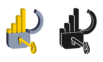 key to success concept in business. The lock is opened with a key and a graph appears that is increasing. vector illustration isolated on white background.