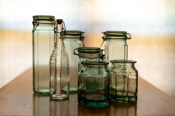Backlit Green Glass Jars Bottles