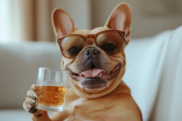 A tan French bulldog lounges on a couch, wearing sunglasses and holding a glass of whiskey
