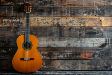 Obraz premium A guitar is sitting on a wooden surface