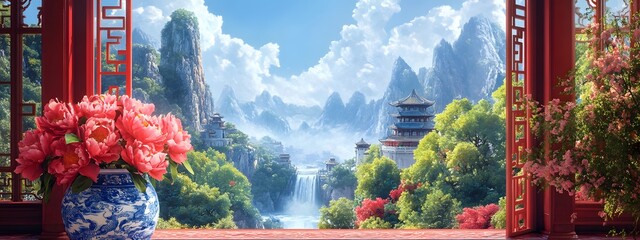 A vase of coral pink peonies stands on the table, surrounded by mountains and rivers in the style of ancient Chinese landscape painting