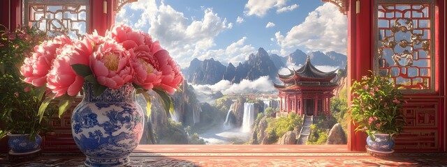 A vase of coral pink peonies stands on the table, surrounded by mountains and rivers in the style of ancient Chinese landscape painting