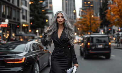 Fototapeta premium Glamorous Professional Woman with Luxurious Silver Hair on the Go in a Busy City
