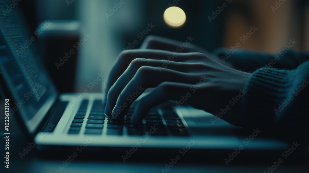 Poster close-up of hands typing on a laptop keyboard in dim lighting
