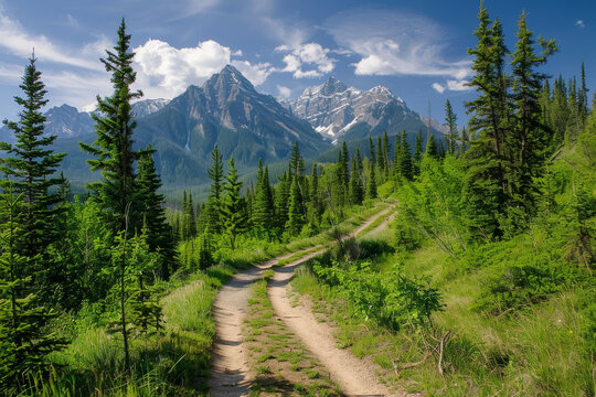 A mountain range with a dirt road leading to it - Powered by Adobe