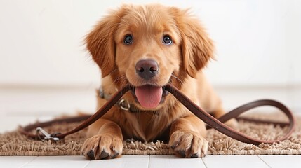 Cute Golden Retriever Puppy Holding Leash Waiting for Walk