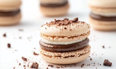 Delicious chocolate macarons stacked with a rich filling, perfect for dessert lovers.